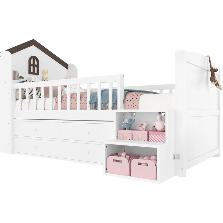 Halbhohes Kinderbett 90x200 cm in Hausform mit LED, 4 Schubladen, Regalen und Leiter, Weiß – Bild 7
