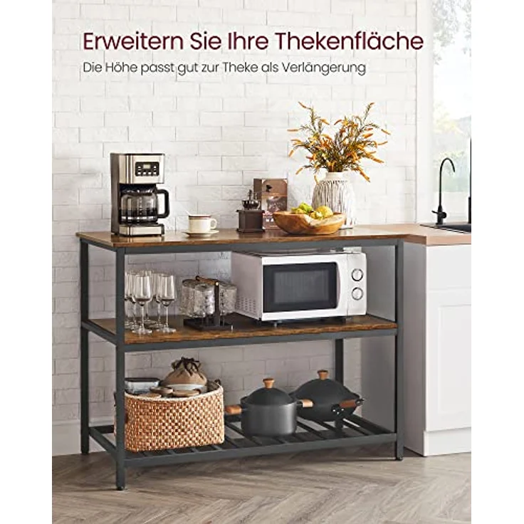 Vasagle Küchenregal mit großer Arbeitsplatte, 3-stufiges Gewürzregal, Stahlrahmen, 60 x 120 x 90 cm, industriell, leichte Montage, Vintagebraun-schwarz – Bild 5