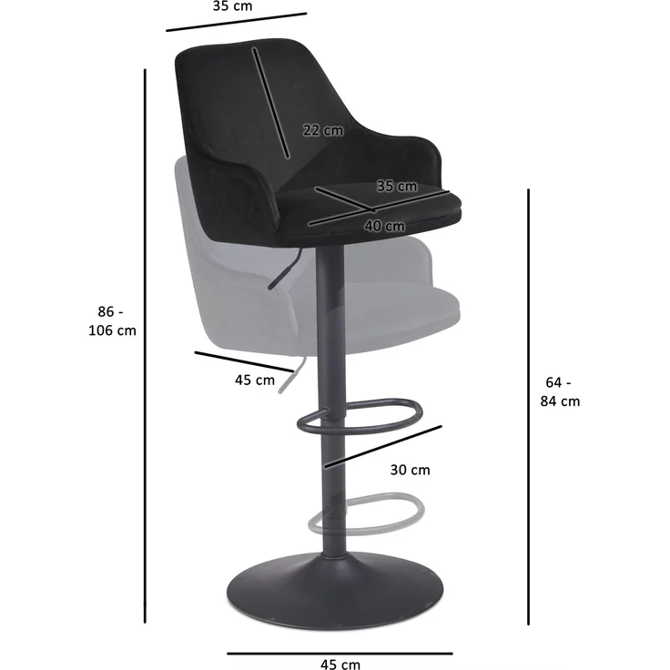 FineBuy Barhocker Samt Hocker mit Lehne 86 - 106 cm, Küchenhocker Höhenverstellbar Modern 100 kg, Barstuhl Tresenhocker mit Metall-Trompetenfuß, Bistrohocker Gepolstert mit Armlehne – Bild 3
