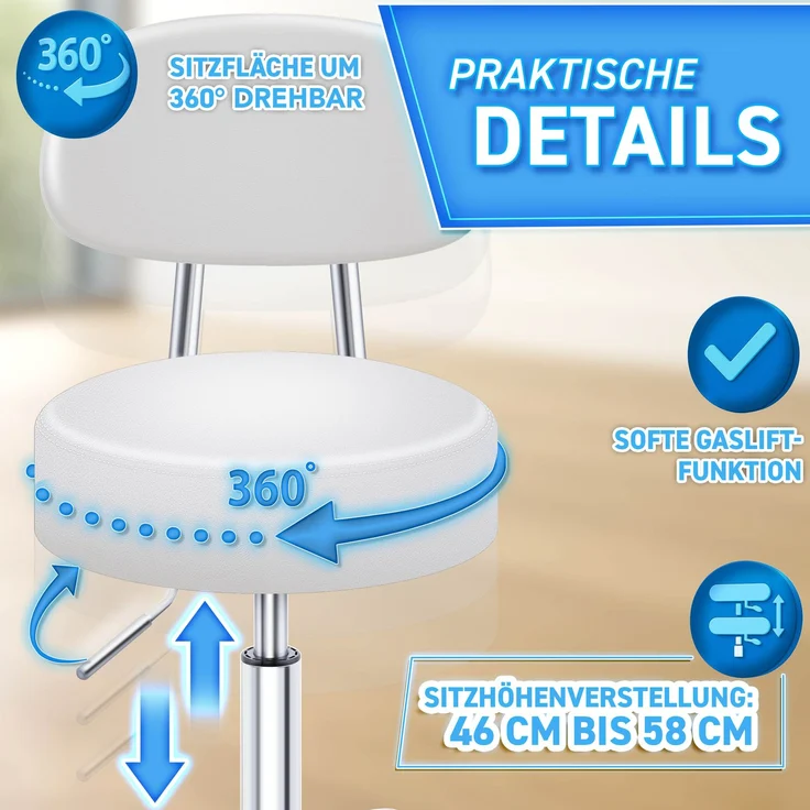 TRESKO® Rollhocker mit Lehne Weiß | Arbeitshocker höhenverstellbar 47-60 cm | Drehhocker mit Rollen | Bürostuhl Hocker Drehstuhl Kosmetikhocker – Bild 5