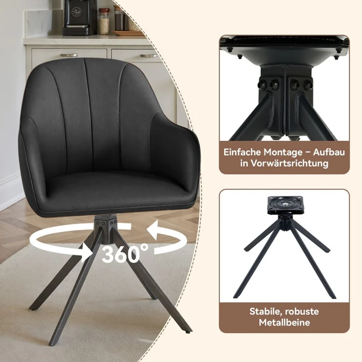 Hawthyhome 4-Fußstuhl Esszimmerstuhl drehbar mit Armlehne, 360° Drehfunktion, ergonomische Sitzschale, Kunstlederbezug, stabiles schwarzes Metallgestell, moderner Küchenstuhl für Esszimmer, Wohnzimmer, Büro & Homeoffice, Schwarz – Bild 4