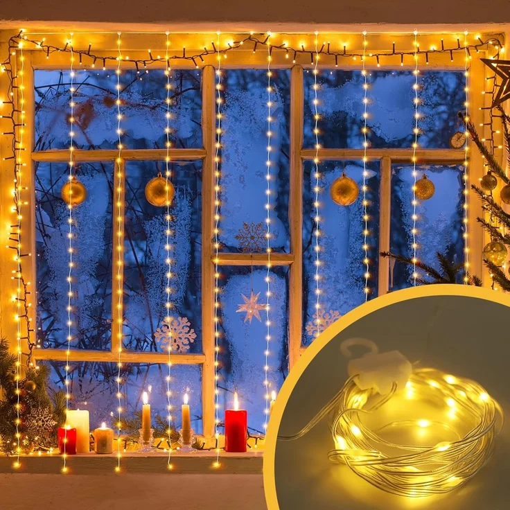 Salcar LED-Lichterkette, 8 Modi, Vorhang Innen&Außen, 300 LED, Kupferdraht Warmweiß, 3x3 m – Bild 4
