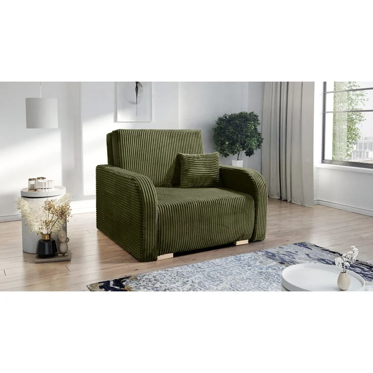 Wohnero24 Lirena 1 Schlafsessel mit Bettfunktion 80x195 cm – Cord Sessel ausziehbar 103x95 cm mit Bettkasten, kleines Gästebett, platzsparendes Einzelschlafsofa - Dunkelgrun – Bild 2