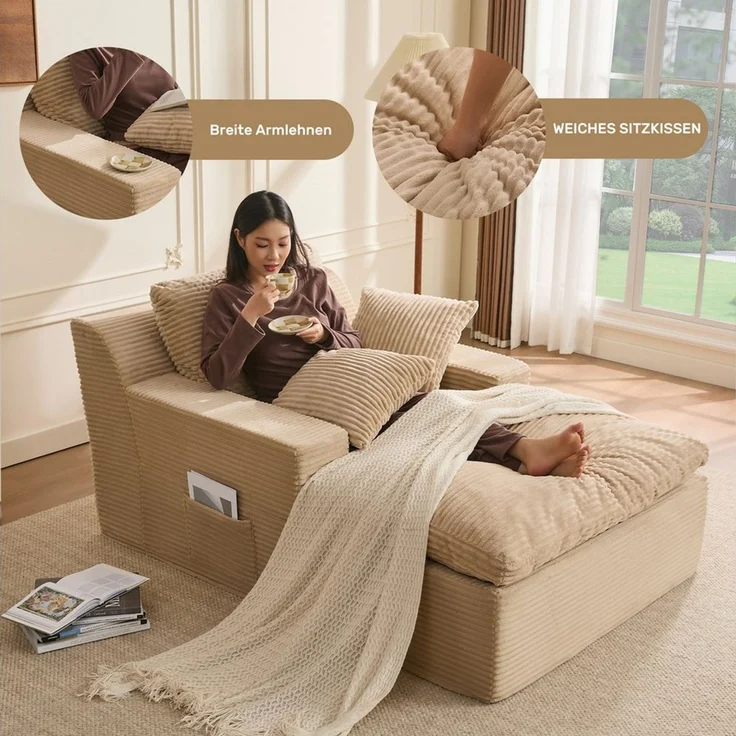 LITBIRD Chaiselongue 160 cm Loungesofa, Boneless Bodensofa & Schlafsofa mit Schlaffunktion, 1 Teile, Platzsparendes Cloud Sofa mit Armlehnen für Wohnzimmer – Bild 4