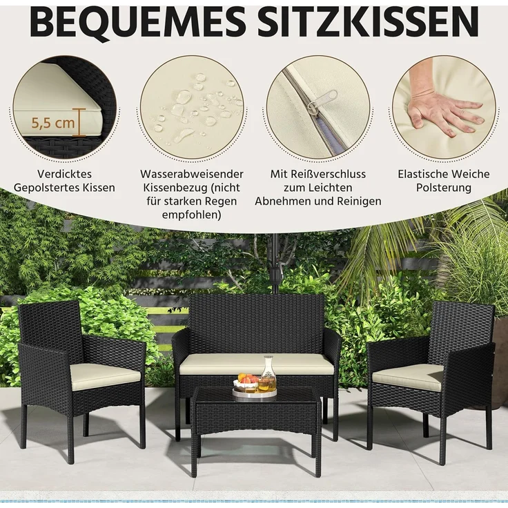 Yaheetech Balkonset Gartenmöbel-Set 4-er Set Rattanmöbel für 4 Personen, Gartengarnitur aus Zweisitzer-Sofa & 2 Einzelsofas & Kaffeetisch – Bild 6