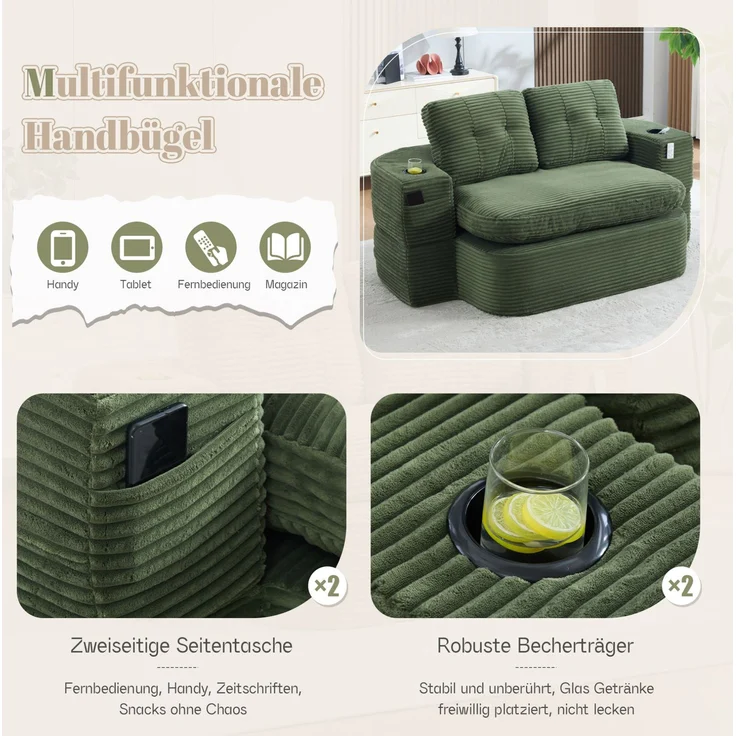 Schlafsessel 2-in-1 165cm×97cm×61cm mit Cord, extra tiefer Sitzfläche und doppelten Getränkehaltern – Emerald – Bild 7