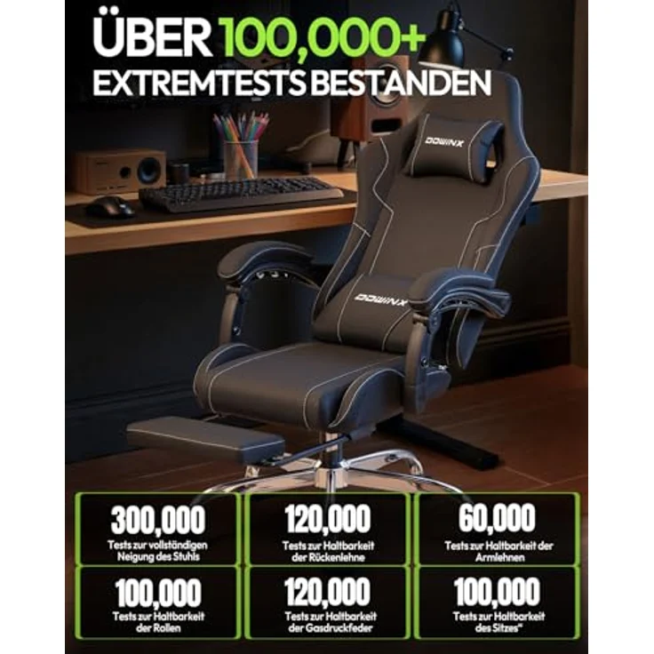 Dowinx Gaming Stuhl Bürostuhl Massage Gaming Sessel mit höhenverstellbaren Linkage-Armlehnen, ergonomischer Gamer Stuhl mit Fußstütze, gepolstert Gaming Chair 150° neigbar bis 180 kg, Schwarz – Bild 5