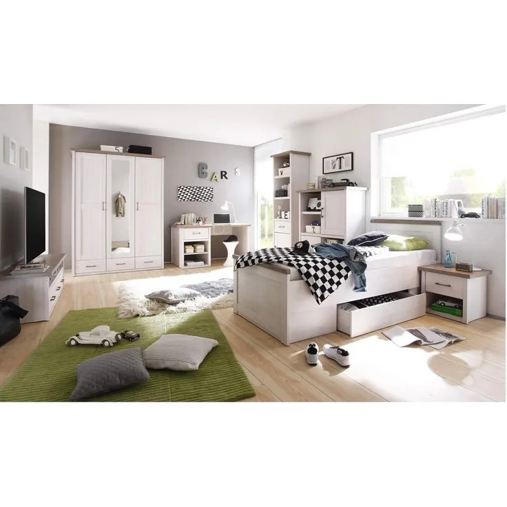 Jugendzimmer Komplett Set 7-tlg. LUND-78, Landhausstil, Pinie weiß Nb. /Trüffel Eiche Nb.