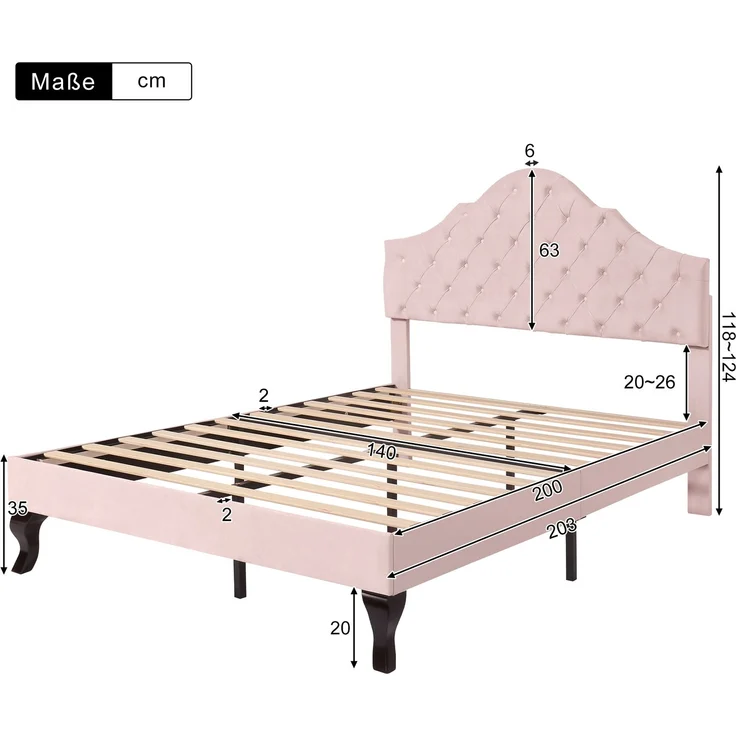 Polsterbett 203*140*118-124cm mit höhenverstellbarem Kopfteil, attenrost und Samtbezug,Rosa – Bild 8
