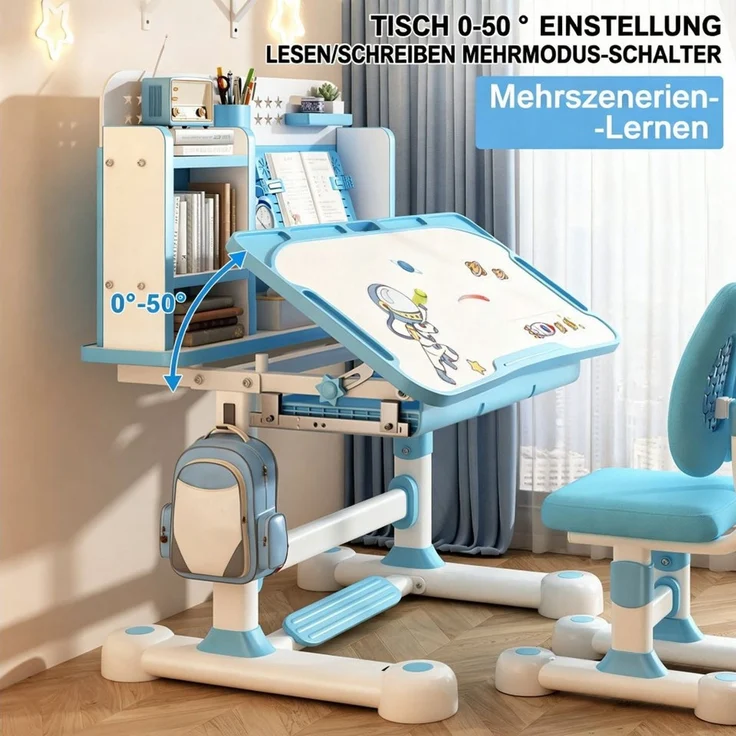 Rutaqian Kinderschreibtisch Kinderschreibtisch mit Stuhl höhenverstellbar, Lernplatz mit Stauraum (Set, 2er-Set), Mit Schubladen, Bücherregal, Fußstütze und Rucksackhaken – Bild 3