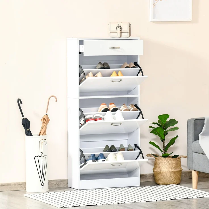 Schuhschrank – 3 Klapptüren und eine ausziehbare Schublade – Maße: 62 B x 24 T x 135 H cm, weiß – Bild 3