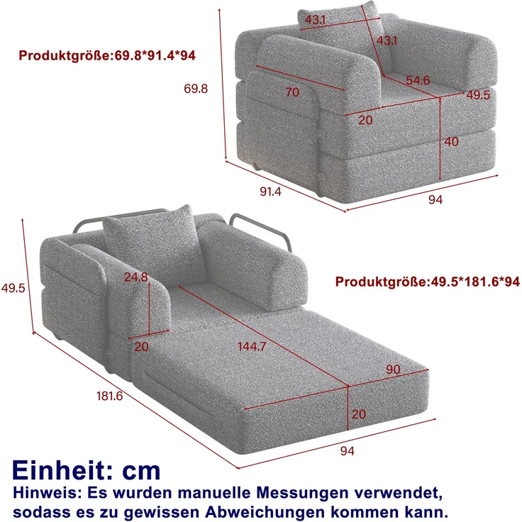 Schlafsofa mit Armlehnenfach & Stahlrahmen, umwandelbar Einzelsitz Sofa Bett mit rutschfester Unterlage,khaki – Bild 5