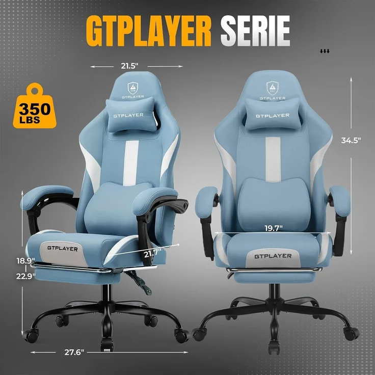 GTPLAYER Gaming-Stuhl Ergonomischer Gaming Sessel Schreibtischstuhl Gamer Stuhl aus Stoff, Federsitzkissen mit Fußstütze – Bild 8