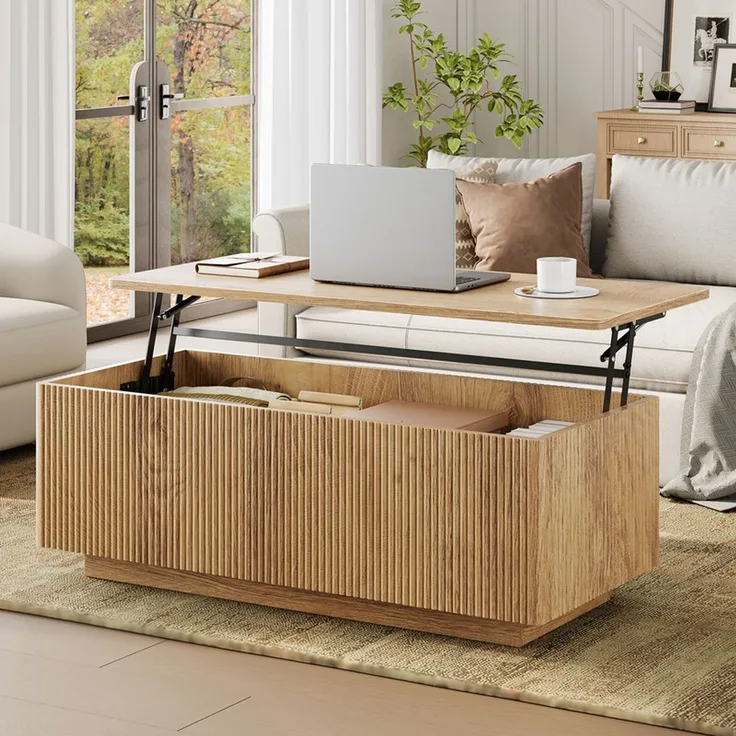 FABATO Lift-Couchtisch 106 cm mit großem verstecktem Stauraum, rechteckiges Fluted-Design mit abgerundeten Ecken, aufklappbar, Holz-Optik, Mid-Century-Modern-Stil, für Ihr Sofa
