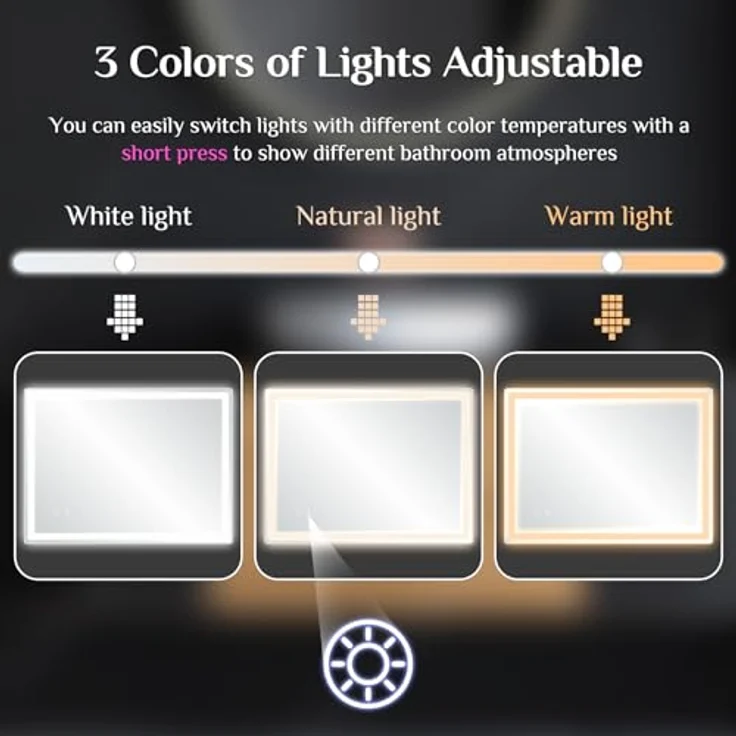 Clevich Badspiegel mit Beleuchtung 70x50 cm, Antibeschlag LED Badzimmerspiegel mit 3 Lichtfarben, Dimmbar, Touch Control, Badezimmer Spiegel mit Licht, Wandspiegel Beleuchtet – Bild 4