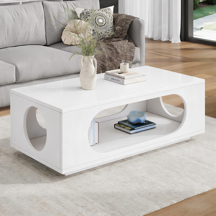Couchtisch 100 x 50 x 35 cm mit LED-App-Steuerung, Kabelmanagement, MDF in Weiß Hochglanz – Bild 3