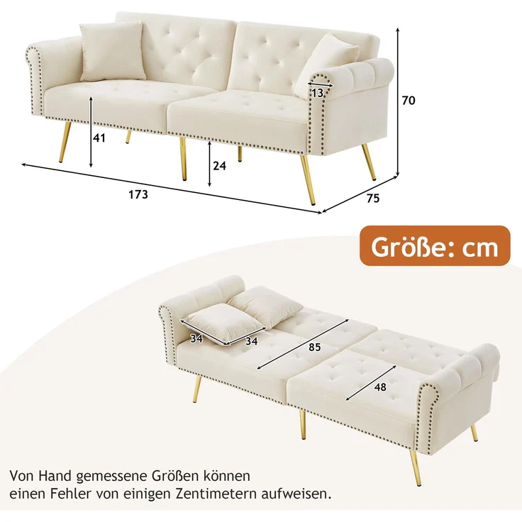 Schlafsofa mit unabhängig verstellbarer Doppel-Rückenlehne, eleganter Samtstoff, vergoldete Metallfüße,mit 3-facher Rückenverstellung – Bild 10