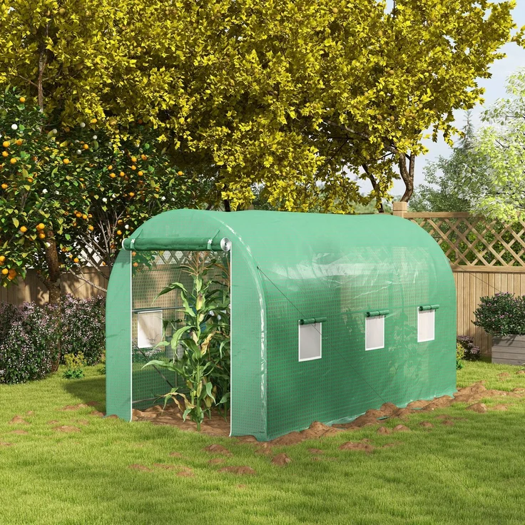 Wohnora-Tunnelgewächshaus, 8 m² Grundfläche, 4 m L x 2 m B x 2,05 m H, Rohrrahmen, Tür mit Reißverschluss, 6 aufrollbare Fenster, Grün,H 2050cm x T 1480cm x B 2000cm – Bild 2