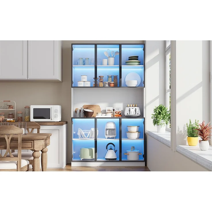 120*34*200cm Vitrine, Standvitrine mit 6 Schranktüren, Freilagerbereich, Hochschrank, Glasvitrine mit LED, Wohnzimmerschrank 120 cm breit, Multifunktionsschrank, Großer Schrank, Weiß--Weiß--120x34x200cm--YOUDENOVA – Bild 8