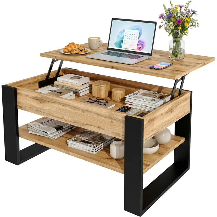 TREND WERK Couchtisch Lift-Couchtisch höhenverstellbar Sofatisch 92×54 cm mit Stauraum, verstecktem Fach Wohnzimmertisch Holz modern