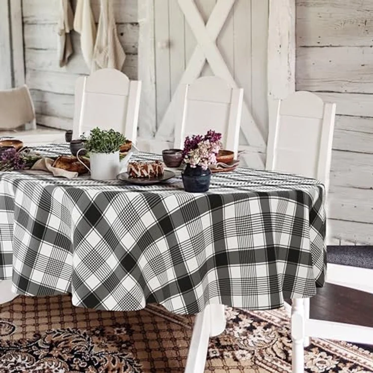 Buffalo Plaid ovale Tischdecke 152,4x213,3 cm, schwarz-weiß, rustikal im Landhausstil. Wasserdicht, Polyester, perfekt für Bauernhaus, Küche, drinnen & draußen, Partys und Picknicks – Bild 2