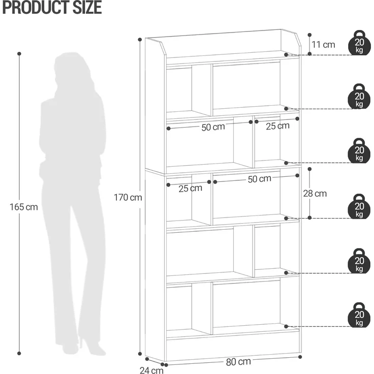 Bücherregal, Bücherschrank, mit 6 Fächern, Aufbewahrungsregal, Standregal, für Wohnzimmer, Büro, Schlafzimmer, 24 x 80 x 170 cm, Schwarz – Bild 9