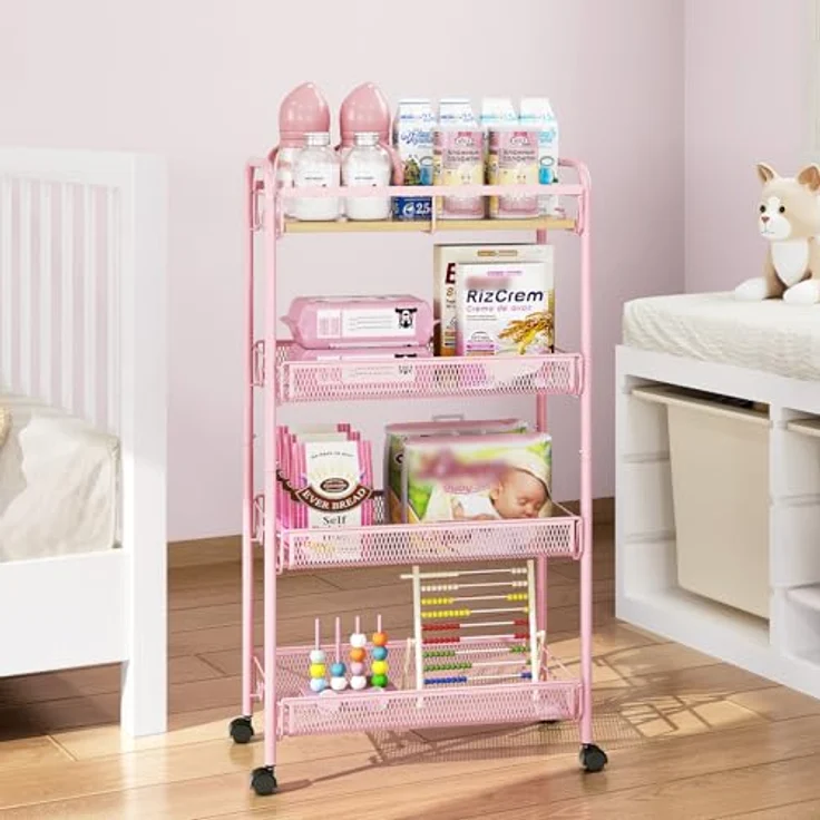 KINGRACK 4-Stöckiger Küchenwagen mit Rollen, Rollwagen Metall, Verschiebbarer Aufbewahrungswagen mit Holzplatte und Gitterkorb Ideal für Enge Räume in Haus und Küche, Badezimmern, Rosa – Bild 9
