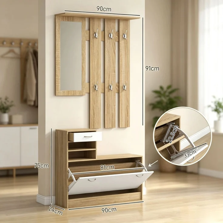 Flur Garderobenmöbel mit Kleiderhaken-Paneel, Spiegel und Schuhbank, 6 Haken und verstellbares Regalbrett(nur mit Flur Garderobenmöbel)--Natur, Weiß--90x10x91cm--YOUDENOVA – Bild 2