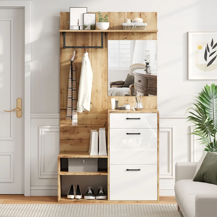 Faumrta 100*38.5*190cm Garderoben-Set mit Spiegel, Schuhbank, Schuhschrank, Flurschrank, Hängeschrankregal, Kompaktgarderobe, Mit 1 Schublade und 2 Schränken, viel Stauraum, Weiß + Original Holzfarbe100CM*38.5CM*190CMNaturalSpanplatte – Bild 4
