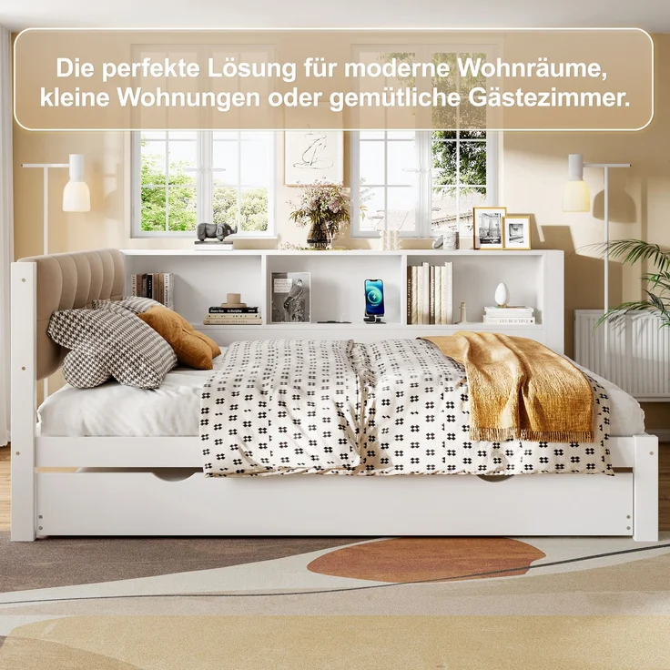 Daybett 140x200 cm mit Ausziehbett und LED-Beleuchtung, Weiß, Kiefernholz & MDF, Einzelbett mit USB-Anschluss, Regal und Rollbett – Bild 6