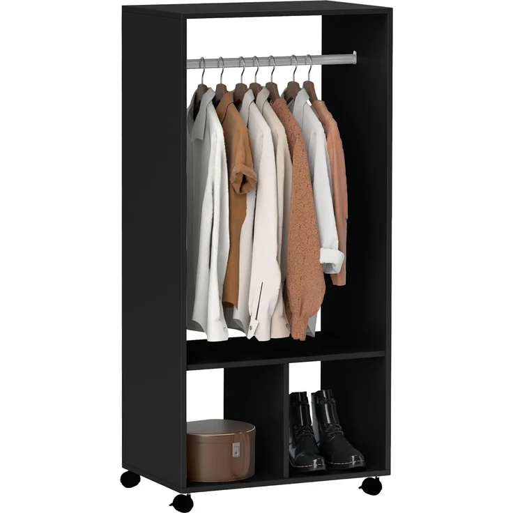 HOMCOM Kleiderschrank, 2 Fächer, 4 Lenkrollen, Maße: 60 x 40 x 128 cm, Schwarz – Bild 1
