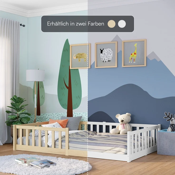 Bellabino 'Vere' Bodenbett 120x200 cm mit Matratze, natur, Massivholz Kiefer, Montessori Kinderbett mit Rausfallschutz und Lattenrost – Bild 9