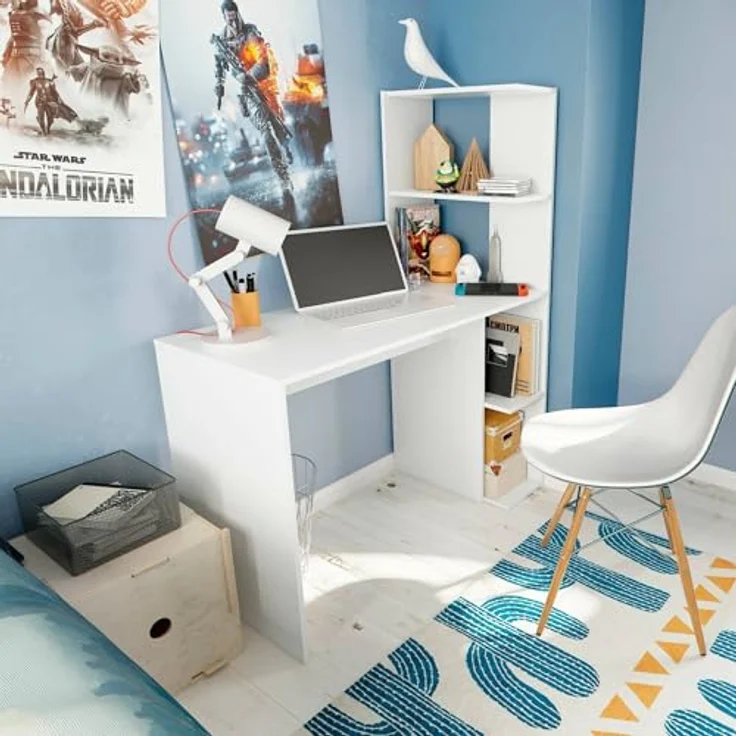 Dmora - Pittston-Schreibtisch, linearer Schreibtisch mit Bücherregal, platzsparender Mehrzweck-Bürotisch, 110x52h136 cm, Weiß – Bild 6