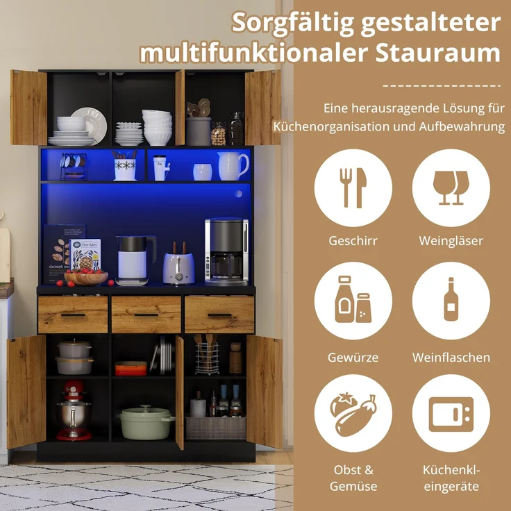 100x40x180cm, multifunktionales Buffet mit LED-Beleuchtung mit APP-Steuerung, Schubladen, verstellbaren Einlegeböden, Kabelführungslöchern und Steckdosen, ideal für Küchen und Esszimmer – Bild 4