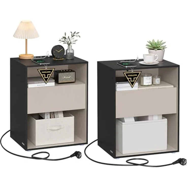 VASAGLE Nachttisch 2er Set, superschnelle werkzeuglose Montage, Toolless-Technologie, Beistelltisch mit Ladefunktion, Nachtschrank mit Schublade, Schlafzimmer, tintenschwarz-cappuccinobeige – Bild 1