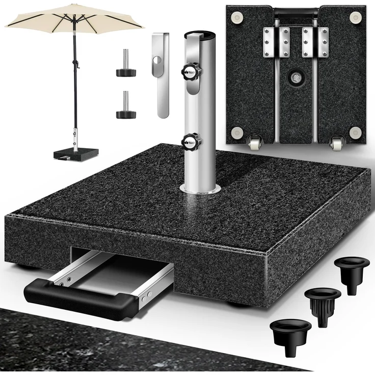 tillvex® Granit Sonnenschirmständer mit Rollen & Transportgriff Anthrazit - 27 kg Eckig mit Trolley-Griff | Schirmständer Sonnenschirm mit Edelstahlrohr | Balkonschirmständer für Schirmstöcke 16-48 mm & 250 cm Schirmdurchmesser – Bild 1