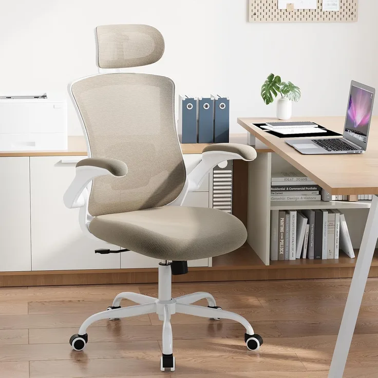 COLAMY Bürostuhl Mesh Computer Stuhl mit Verstellbarer Kopfstütze und Lendenwirbelstütze, Schreibtisch Ergonomischer Arbeitsstuhl mit hochklappbarer Armlehne, 140° Wippfunktion, Khaki