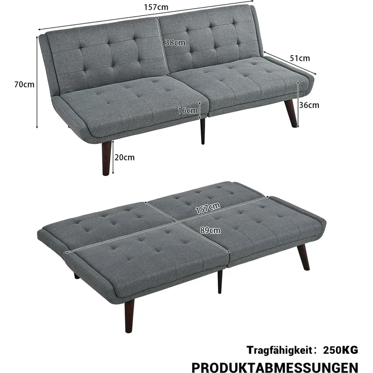 2-Sitzer Schlafsofa H 70 x T 157 x B 51 cm aus Leinen-Mischgewebe mit 5-fach verstellbarer Rückenlehne in Grau – Bild 5