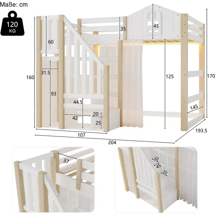 Hochbett mit LED-Beleuchtung, Lattenrost, Rausfallschutz, Treppe und Gardine, 140x200 cm, Kinderbett, Kiefer – Bild 6