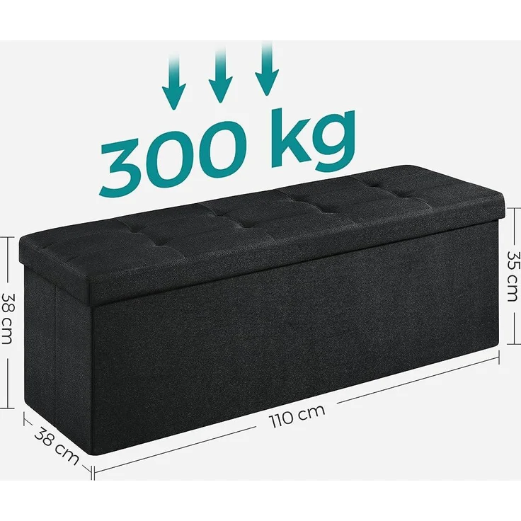 Songmics Sitzbank mit Stauraum, Sitztruhe, Aufbewahrungsbox, faltbar, max. statische Belastbarkeit 300 kg, mit Trenngitter aus Metall, 120 L, 110 x 38 x 38 cm, Leinenimitat, schwarz – Bild 2