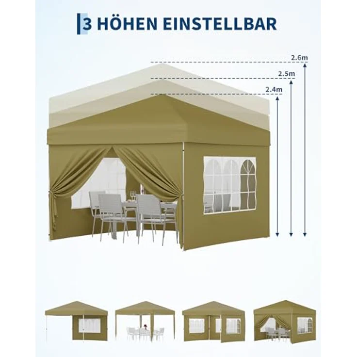 Faltpavillon 3x3 m wasserdicht stabil mit 4 Seitenwänden – Pop up Pavillon faltbar aus 420D Oxford, UV-Schutz 50+, 3-Fach höhenverstellbar, Partyzelt mit Tragetasche für Garten & Outdoor (Khaki) – Bild 5