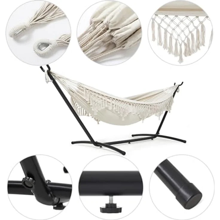 Mondeer Hängematte mit Gestell für 2 Personen - Verstellbare Doppelhängematte im Boho-Stil mit Getränkehalter & robustem Eisengestell, für Terrasse, Garten und Hof, Beige – Bild 2