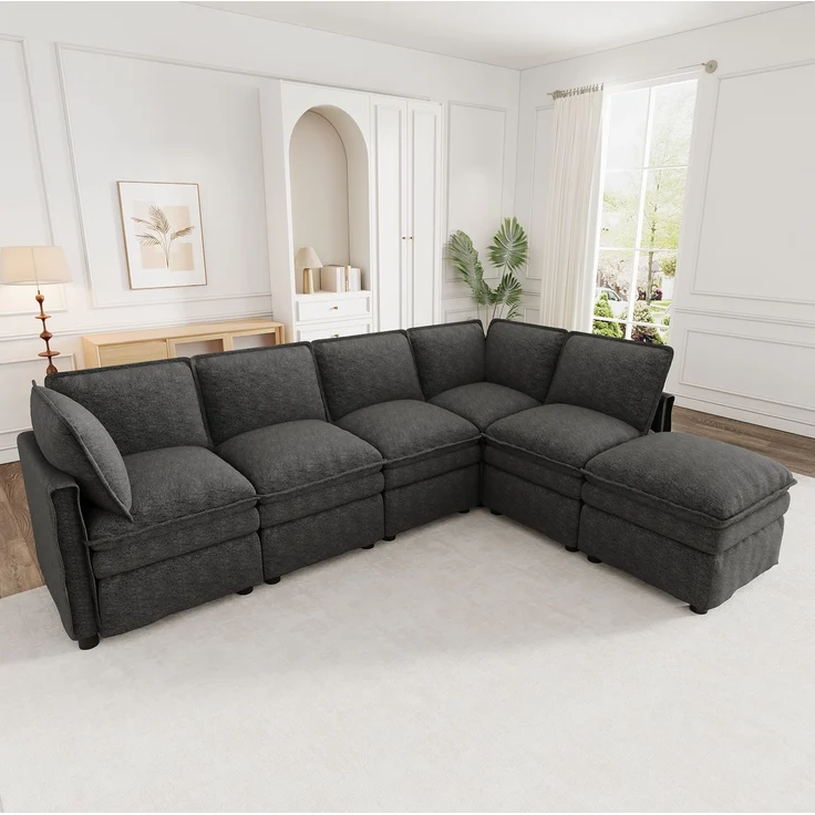 DESVIAE Sofa Grau aus Chenille – 344x91x127 cm – modular, Schlaffunktion, Hocker – Bild 2