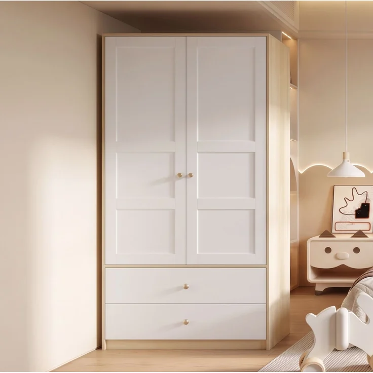 ZUBALIYA Doppeltüriger Kleiderschrank, 2-türiger Kleiderschrank, mit 2 Schubladen und Kleiderstange, Schlafzimmermöbel, Garderobenschrank, Kleiderschrank mit Kleiderstange, 100 x 48 x 180 cm,Weiß und Holzoptik – Bild 14