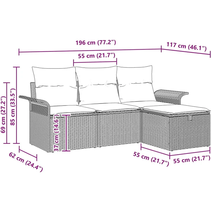 vidaXL Gartensofa-set mit Kissen mit Speicher 4 pcs Poly Rattan 3360186 – Bild 12