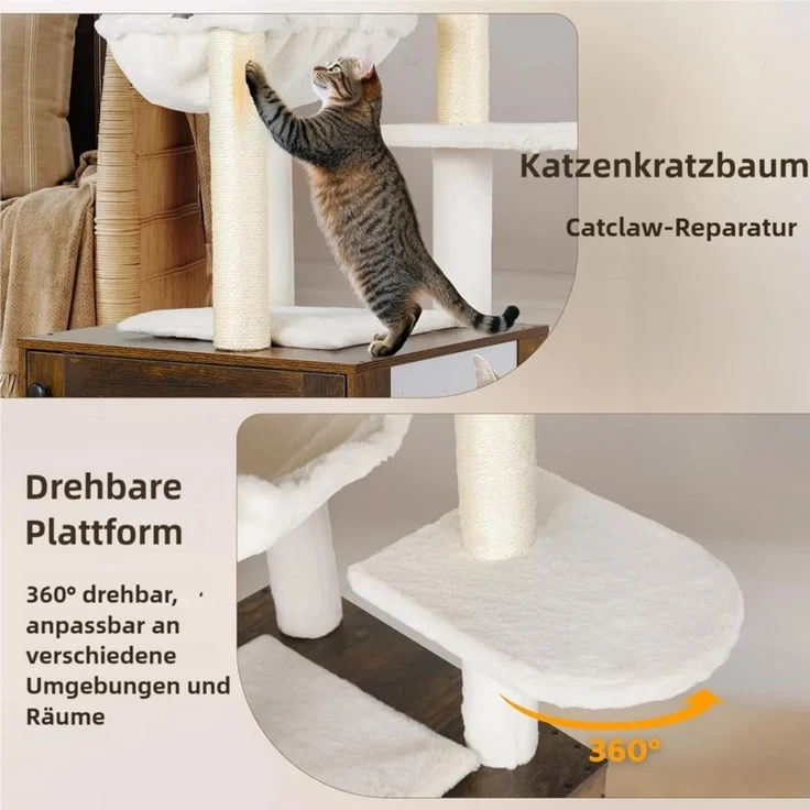 TLGREEN Kratzbaum mit Katzenkloschrank,3-in-1 Katzenmöbel, 119 cm Hoch Kratzbaum Holz,Waschbare Plüschkissen – Bild 3