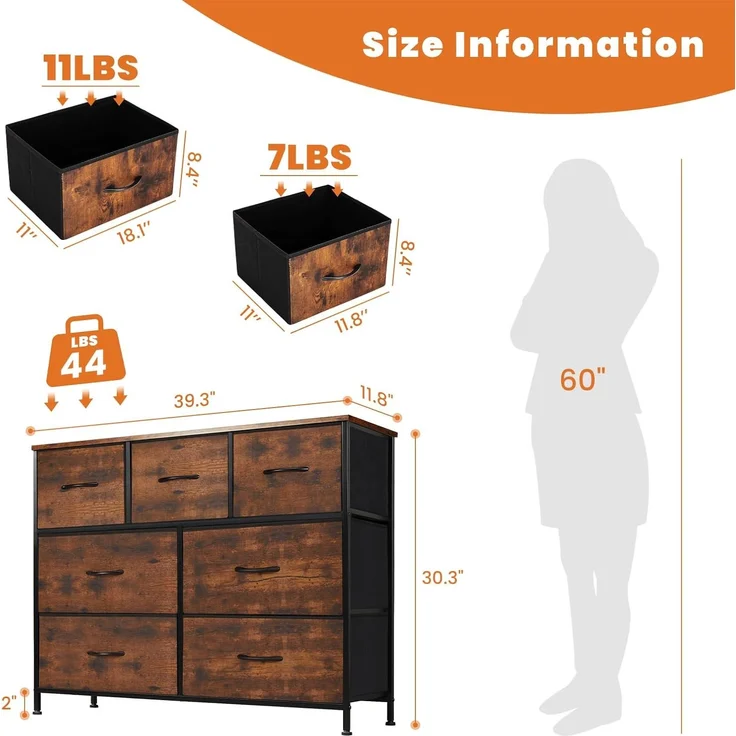 DUMOS Kommode für Schlafzimmer mit 7 Stoffschubladen, hohe Kommode Organizer für Kleidung, Schrank Kinderzimmer, Aufbewahrungsturm mit Schrank, Metallrahmen, Holzplatte, leichte Kinderzimmermöbel – Bild 3