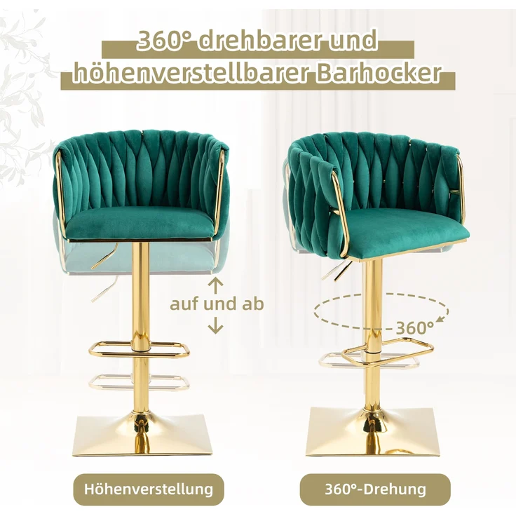 LVHOM Barhocker 2er Set, 360° drehbare moderne Samt-Barstühle, drehbare Küchenhocker, goldene Stuhlbeine – Bild 3