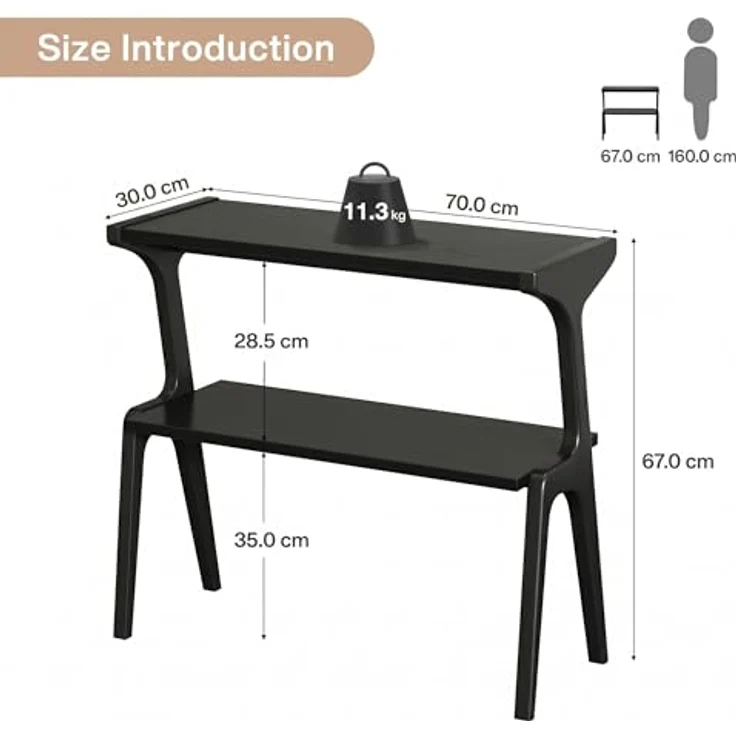 LITTLE TREE Konsolentisch Holz, 2er Set, schmaler Sofatisch mit 2 Ablagen, 30 x 70 x 67 cm, Flurtisch für Flur, Wohnzimmer, Eingang, Schwarz – Bild 3