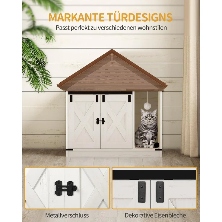Katzenschrank, Katzentoilette, Katzenklo Schrank, Versteckte Katzentoilette Kabinett Möbel mit Katzenglocke, Indoor-Katzenhaus, 80 x 50 x 53 cm, für Flur, Schlafzimmer, Vintagebraun-Weiß – Bild 4